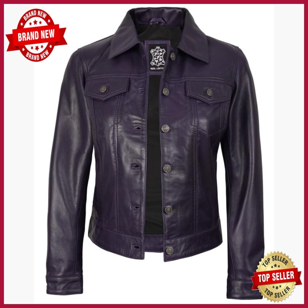Real Lambskin Leather Trucker Jacket Women's Regular Fit Long Sleeve - Picture 2 of 6
